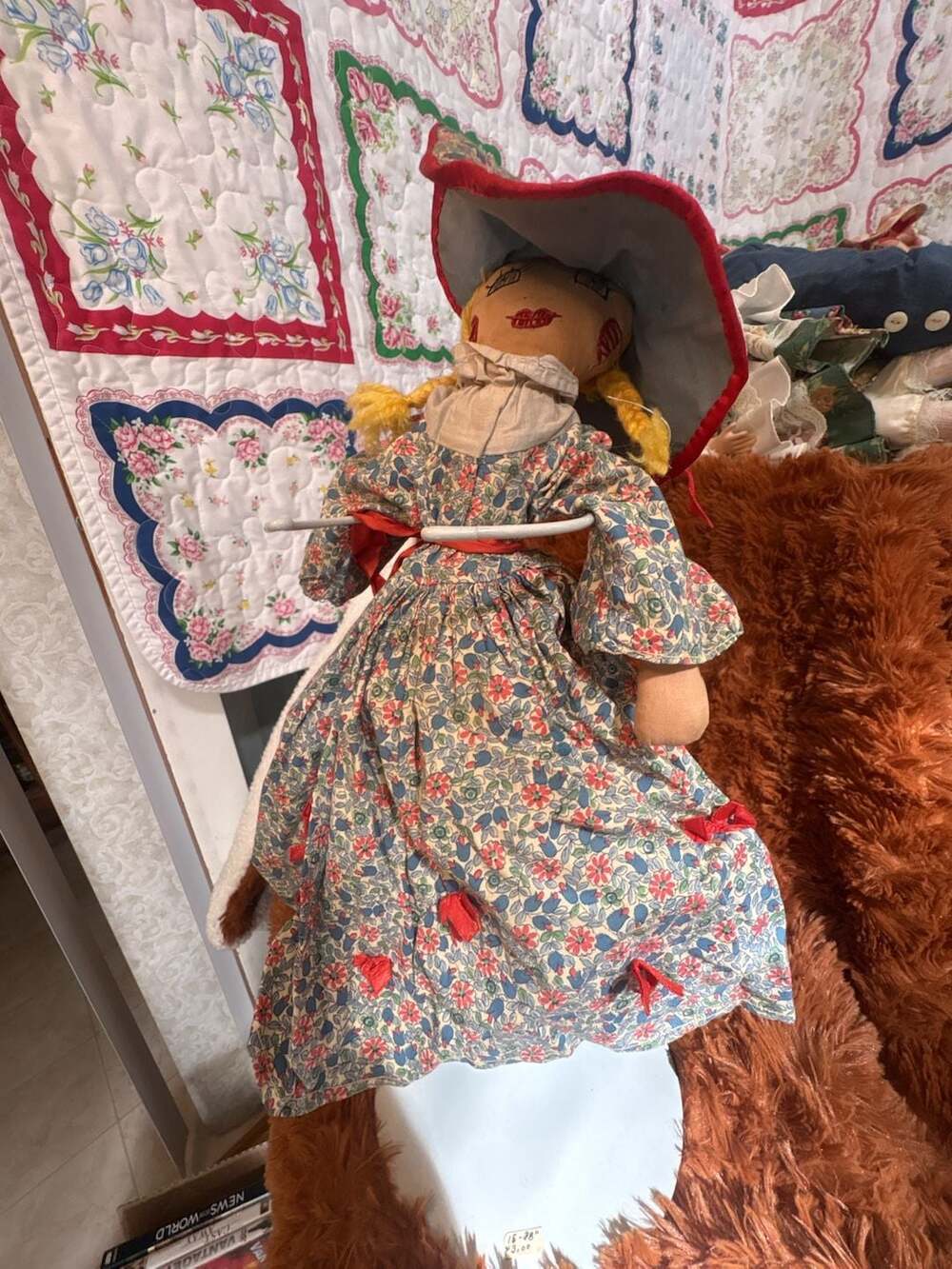 D5 Vintage Handmade Cloth Folk Art Doll in Floral Dress with Bonnet